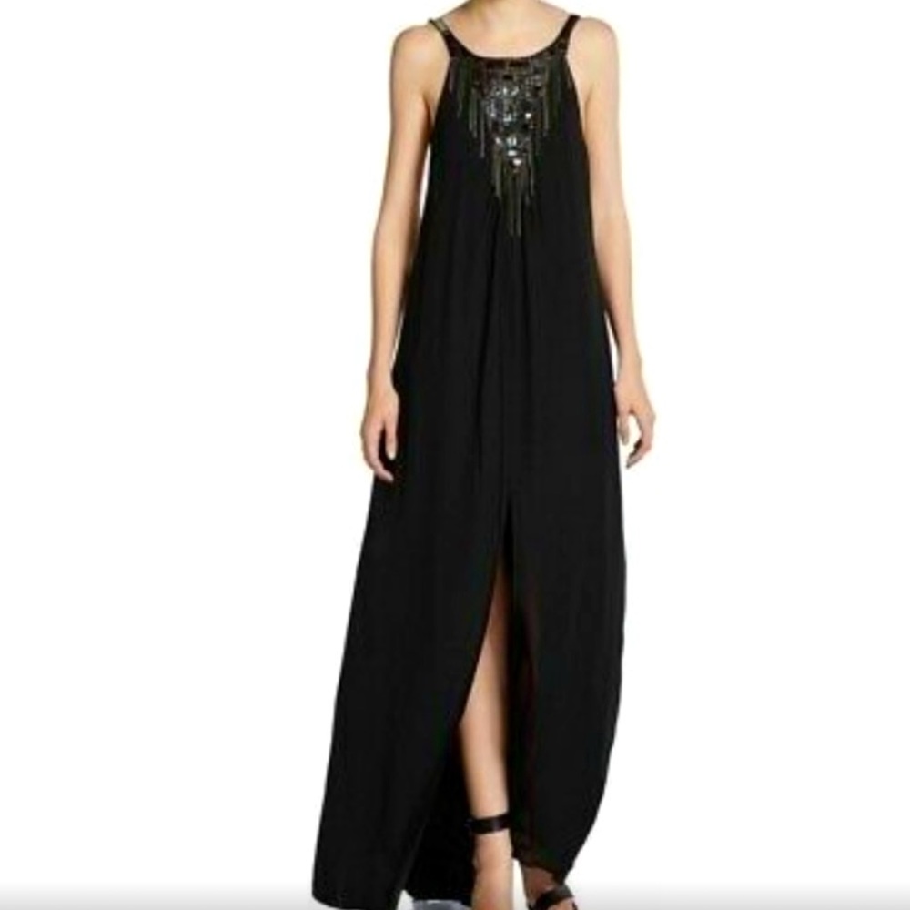 BCBG MaxAzria Beaded Maxi Silk Gown Open Low Back Size 8 Style SIL6J793 Chiffon